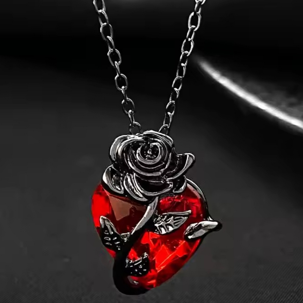 Gothic Rose Wrapped Crystal Heart Necklace